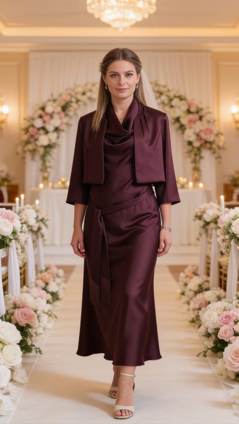 ABITO LUNGO BORDEAUX CON COPRISPALLA E CINTURA.