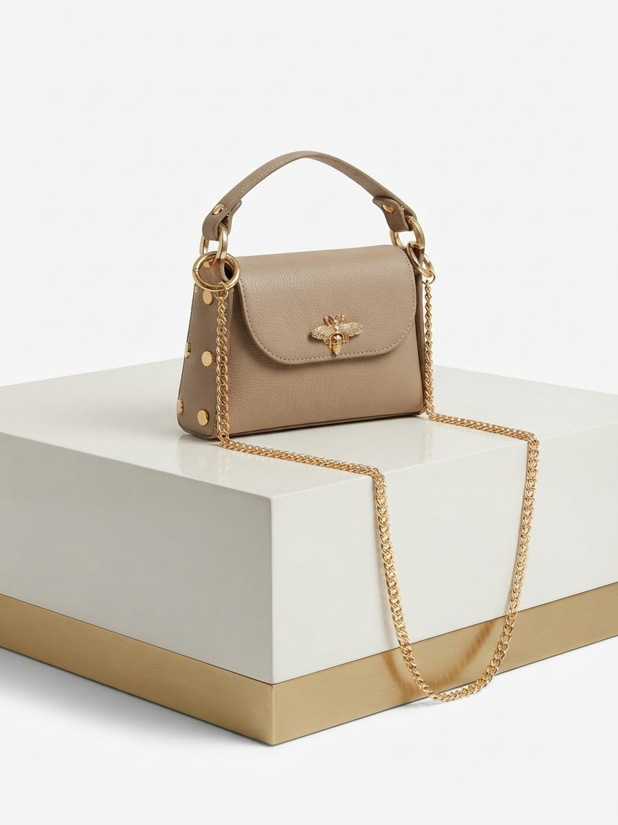 Mini borsa tortora in vera pelle con ape dorata.