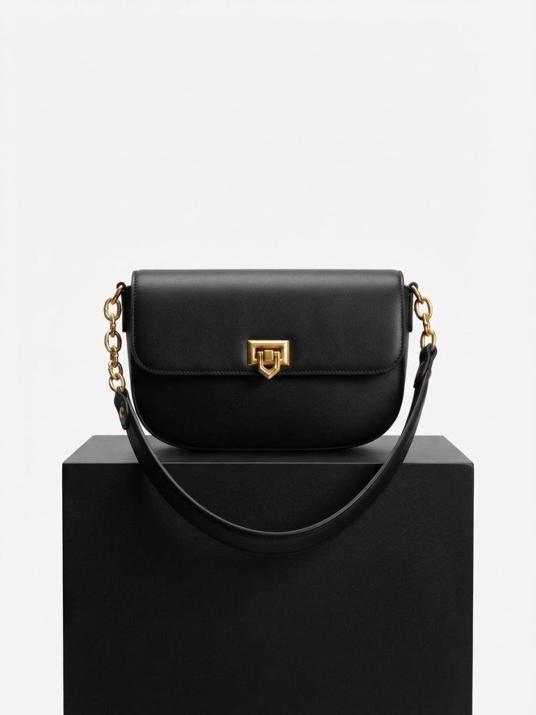 Borsa nero con emblema dorato in ecopelle