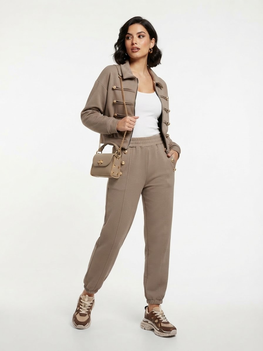 Completo tortora felpa militare e jogger indossato.