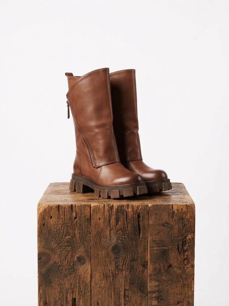 Stivaletto cuoio con zip e suola carrarmato