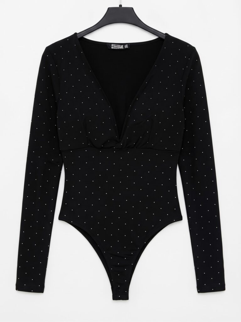 Body con scollo a V e strass