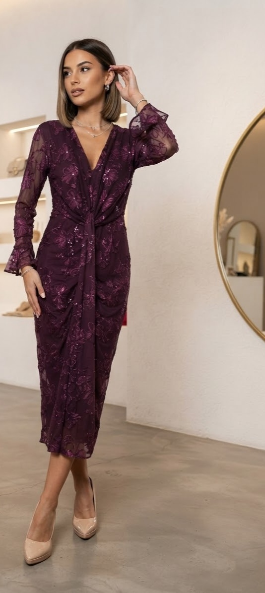 Abito midi in tulle ricamato con paillettes e nodo - immagine 3