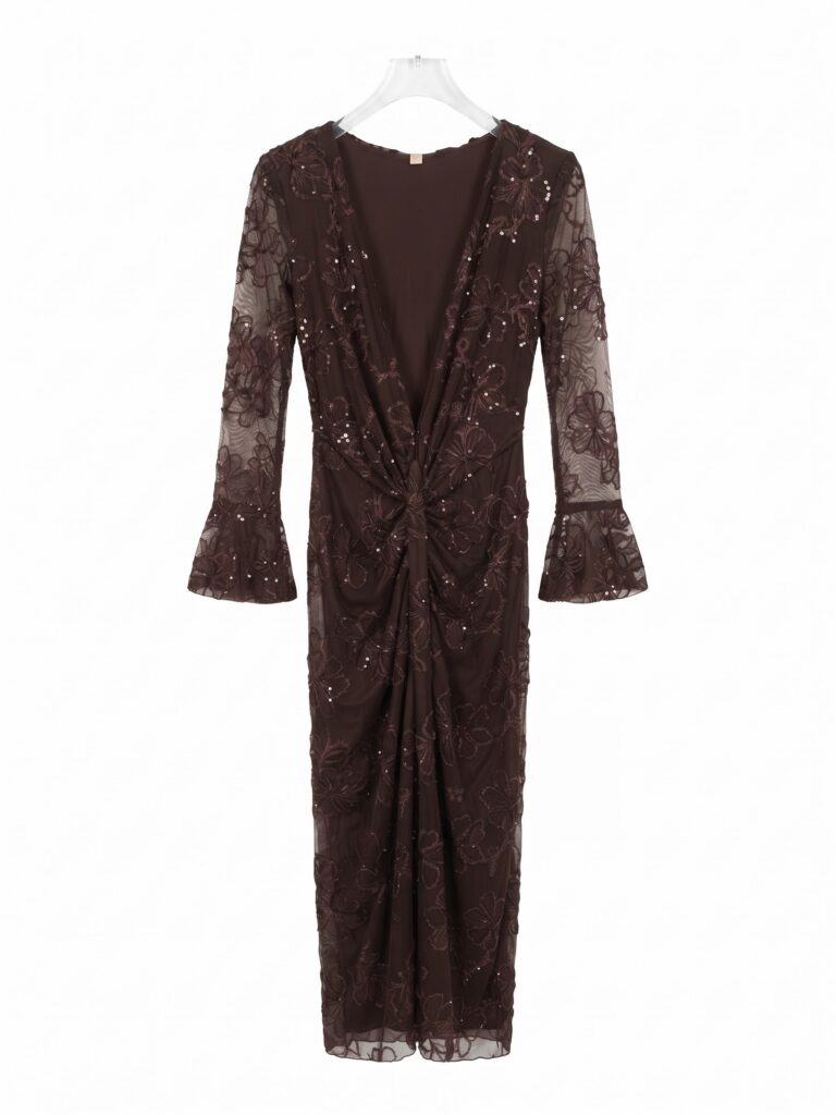 Abito midi in tulle ricamato con paillettes e nodo