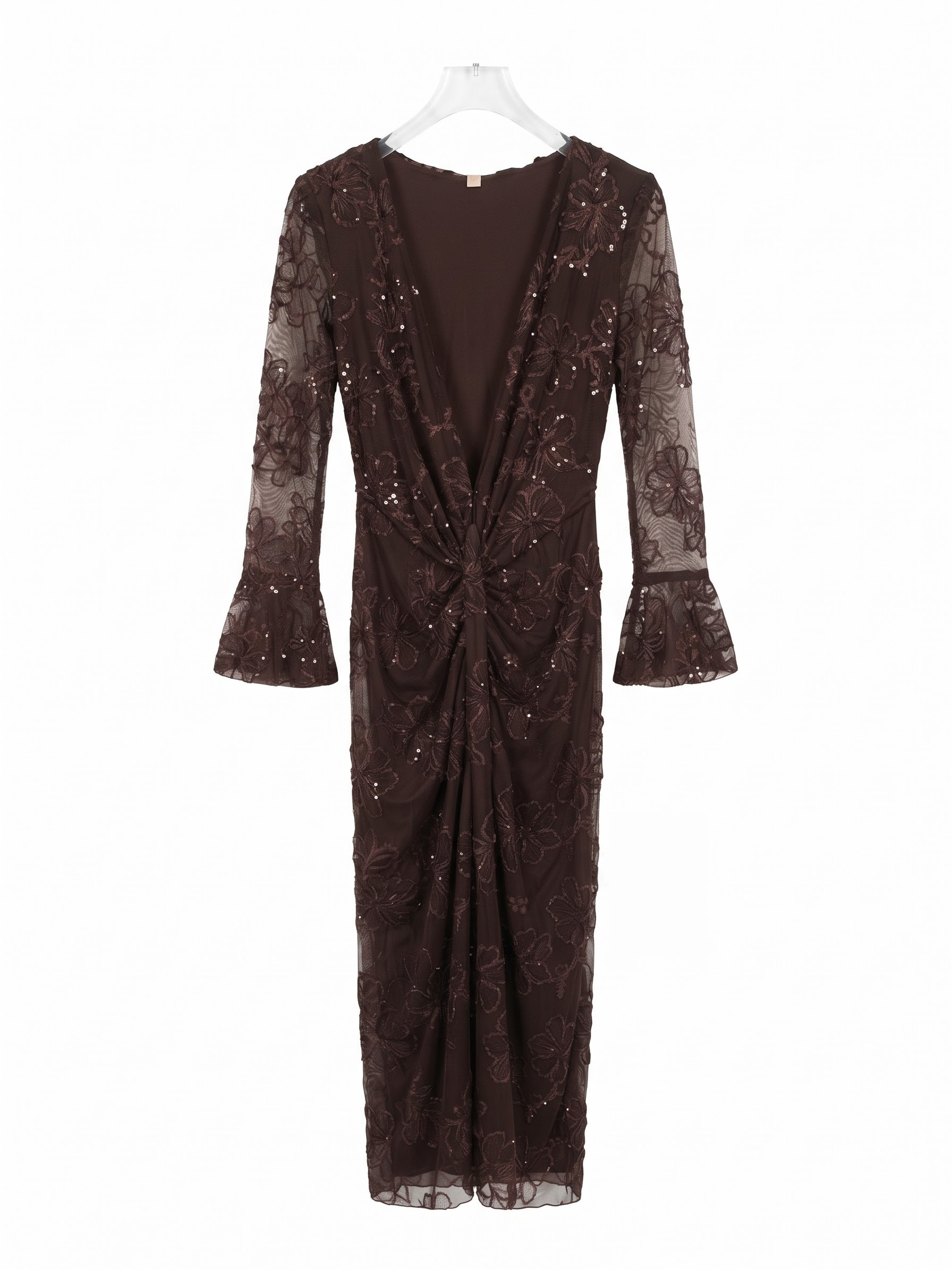 Abito midi in tulle ricamato con paillettes e nodo