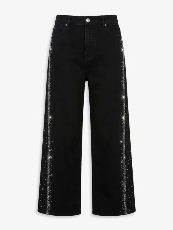Jeans neri a gamba larga con strass laterali