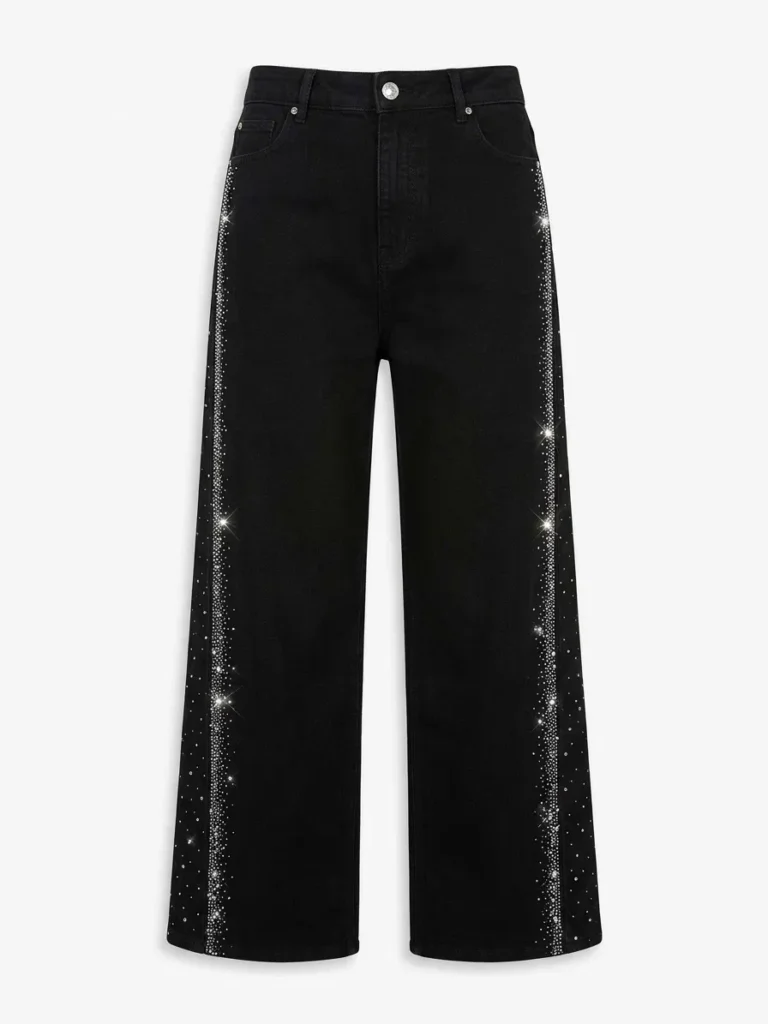 Jeans neri a gamba larga con strass laterali