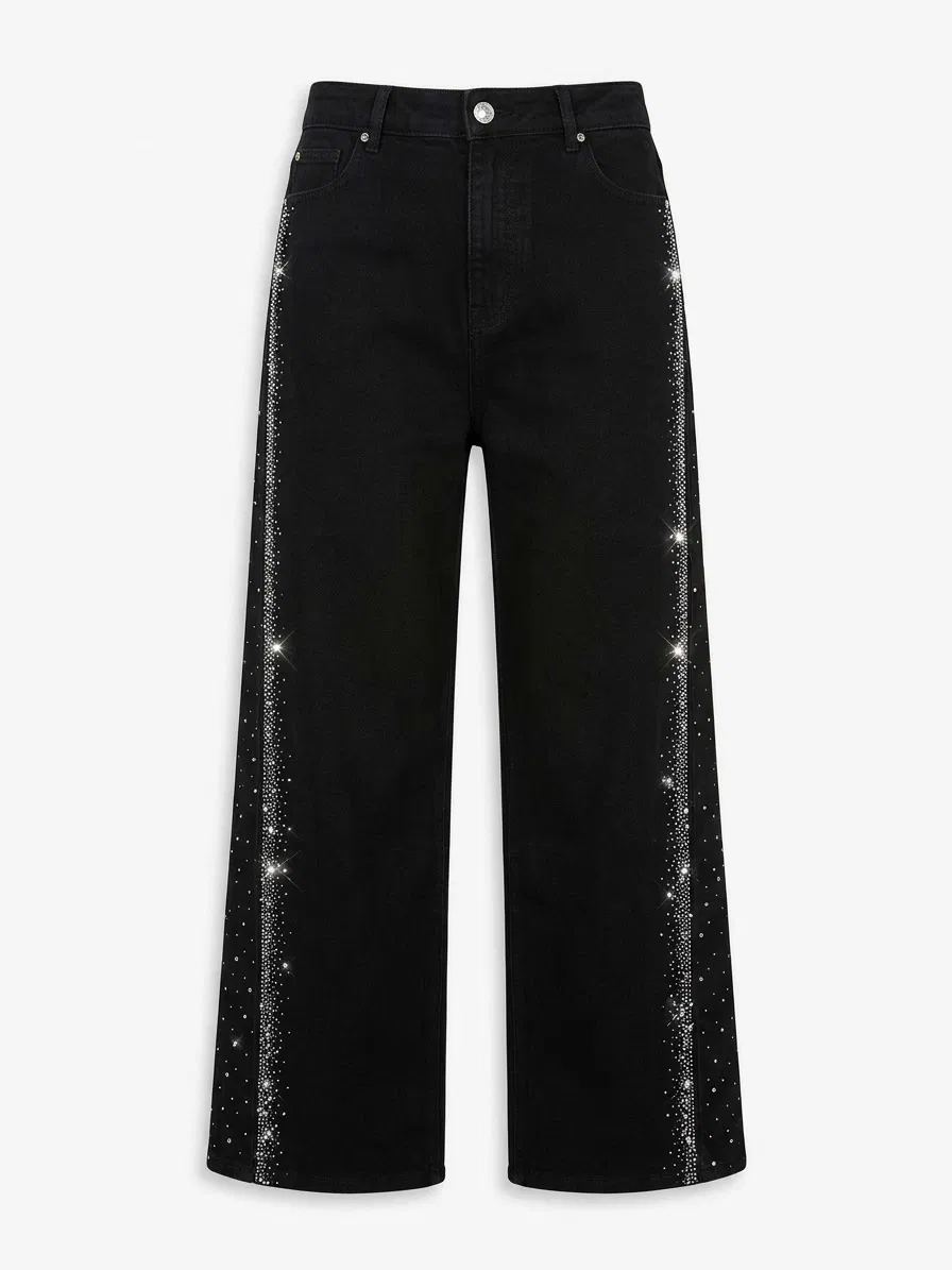 Jeans neri a gamba larga con strass laterali